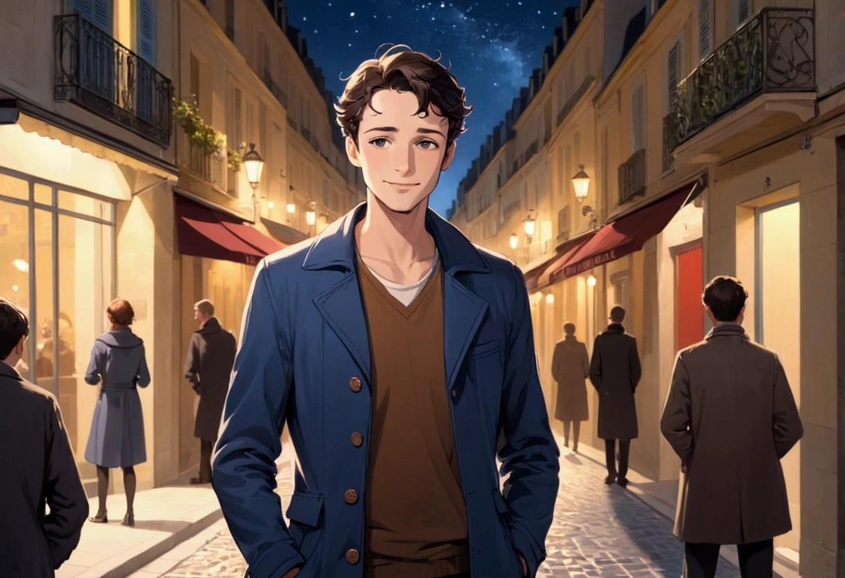 At night, in a french street, a man (nice guy) standing hands in the pockets and a very small smile
