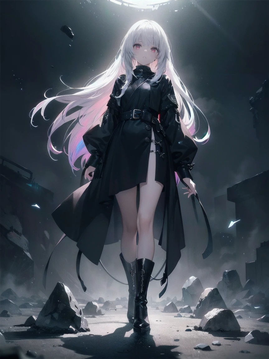 Girl with long white hair down to her waist, with small red details, red eyes, long black dress with a leg slit, with red details, long black boots up to below the knees, white skin, the ground around her is cracking and small stones are floating around her surrounded by a black aura, she is surrounded by shadows, and the background is dark like the night with the universe and stars, her presence causes fear, her shadow appears to be a monster, 8k, high quality, full body, (ultra-realistic), {extremely detailed 8k CG unit wallpaper}, expansive landscape photograph, (light: 2.0), (warm light source: 1.5), complex details, (iridescent colors: 1.5), (bright lighting), (atmospheric lighting), surreal, impressive, fantasy, (Solo: 1.2)