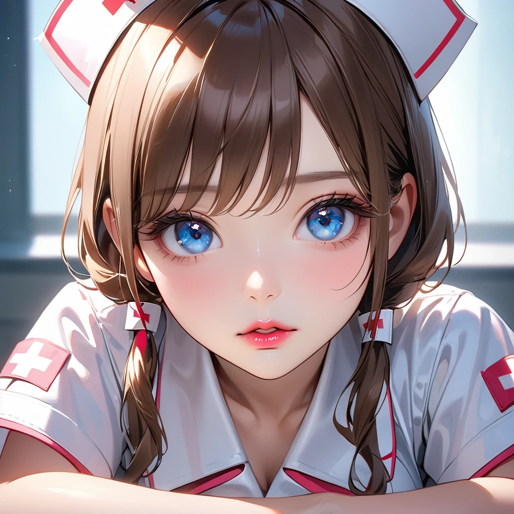 Highest quality, masterpiece, Ultra-high resolution, Realistic:1.2, RAW Photos, Intricate details, Portraiture, Big beautiful blue eyes:1.2, Perfect contours, Girl, break ((facing viewer, upturned eyes:1.2)), ((petite, short, tiny girl:1.2)), Brown Hair、Hair is up, (makeup:1.2, parted mouth, full lips:1.3, pink lips:1.2, shiny lips:1.2), ((Top-class nurse:1.2)), (High-end shiny white nurse uniform), BREAK ((sitting with one's chin resting on one's hands on a table in the hospital cafeteria:1.2、On the desk is a bowl of tempura and a stethoscope.))、 ((The background is the hospital cafeteria.:1.2、Several people eating、The menu is posted on the wall))、