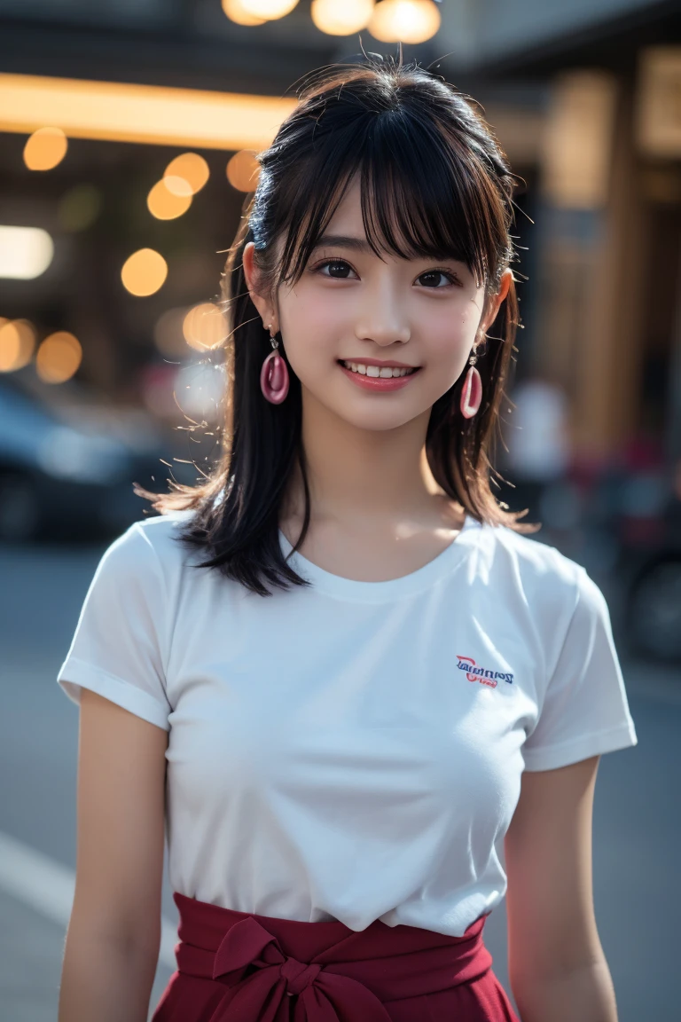 (8k, RAW Photos,Highest quality, High resolution:1.1), (Ultra-realistic:1.4),(Realistic, Realistic:1.3), big,Realistic Face,Realistic Body,Realistic Skin,masterpiece,(cute:1.8), Cuties, alone, (big:1.2), Fine black eyes,Innocent eyes,(T-Shirts:1.2 ),Cinema Lighting,Film Grain,jewelry,Earrings,((Medium Hair:1.1)),Cherry colored lips,Hair Ribbon,ponytail,close,Viewer,Long Hair,Upper Body,Open your lips,Upper teeth, (Smiling Eyes:0.6),((Grin:1.2)), Blurred Background, Eye focus , Bokeh,young, 85mm lens, young,Portraiture,Photon Mapping,Radio City,Physically Based Rendering,Asian,China dress