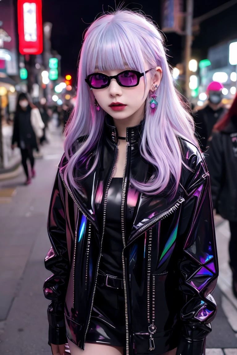 Redhead、Goth_punk, One Girl, alone, Medium Shot, Walking around Harajuku, ((at night)), Bokeh Depth of Field, Neon Light, Rainbow Eyes, Starry Sky, Red glowing hair, White eyebrows, Shiny Hair, (Iridescent white hair), Earrings, Bans, gem, mask, Blunt bangs, Veld's Eye, 口mask, Blurred背景, Blurred, hair ornaments, Look at the viewers, short hair, Portraiture, Side Lock