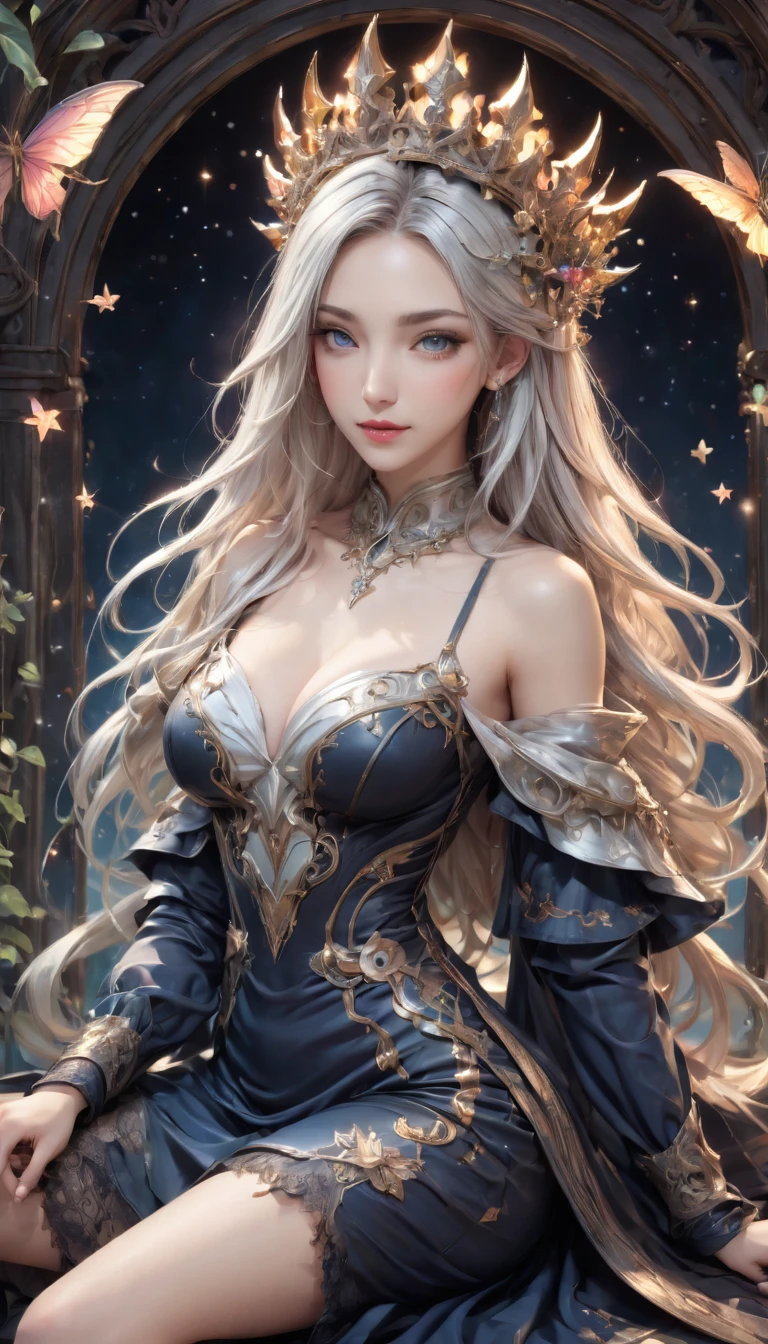 8K resolution, masterpiece, Highest quality, Award-winning works, unrealistic, From above, erotic, sole sexy lady, healthy shaped body, 22 years old, black mage, 165cm tall, huge firm bouncing busts,, white silver long wavy hair, Detailed facial depictions, BREAK, Mysterious blue eyes, Standard nose, Eyeliner, pink lips, sexy long legs, Clear skin, holy knight, Gothic ruffle long dress, A dress with a complex structure, Seven-colored colorful dress, Clothed in flames, royal coat of arms, elegant, Very detailed, Delicate depiction of hair, miniature painting, Digital Painting, art station concept art, Smooth, Sharp focus, shape, art jam、Greg Rutkowski、Alphonse Mucha's、William Adolphe Bouguereau、art：Stephanie Law , Royal Jewel, nature, Symmetric, Greg Rutkowski, Charlie Bowwater, Unreal, surreal, Dynamic Lighting, Fantasy art, Complex colors, Colorful magic circle, flash, dynamic sexy poses, A kind smile, Mysterious Background, Aura, A gentle gaze, BREAK, Small faint lights and flying fireflies, night, lanthanum, From above, looking down on the world below, Starry Sky, milky way, nebula, shooting star、((squat、M-shaped legs))