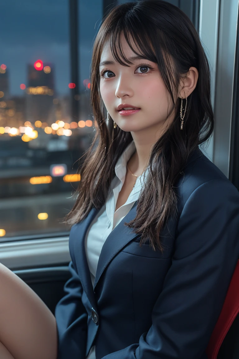 ((Upper Body))、(masterpiece:1.3), High resolution, Very detailed, Highly detailed CG Unity 8K wallpapers, Realistic, photo-Realistic, RAW Photos, Beautifully detailed face, Pale skin, Realistic glistening skin, Detailed cloth texture, Detailed hair texture, Perfect Style, Beautiful Face, Accurate, Anatomically correct, Very detailed顔と肌の質感, fine grain, Brown eyes, double eyelid, Thin eyebrows, (Droopy eyes:0.65), (Glitter Eyeliner:1.2), Natural Cheeks, Glowing Skin, (Fair skin:1.2), Shiny necklace and earrings, (Glossy Lips: 1.4),
break
(Classy and cute girl:1.3), (High ponytail hairstyles, Wavy Hair, Dark brown hair), (Captivating smile:1.2) (Wear an elegant business suit:1.3), (Black Stockings), Medium large breasts,
break
((Cowboy Shot:1.2)), (Cross-legged sitting pose:1.4), At the train door, ((Night city view:1.2)),
