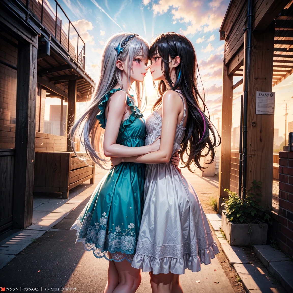 (High Detail:1.2) Anime girl, (Best quality, Detailed), Top quality, high resolution, perfect human structure, background focus, front view, 10 years old, , (2girl), little tall, small size, park, sandbox, rainbow hair, shiny hair, wavy hair, shiny hair, smiling, blushing, little dress, beautiful, flat chest, kiss, (8k, vibrant colors, digital art, concept art)