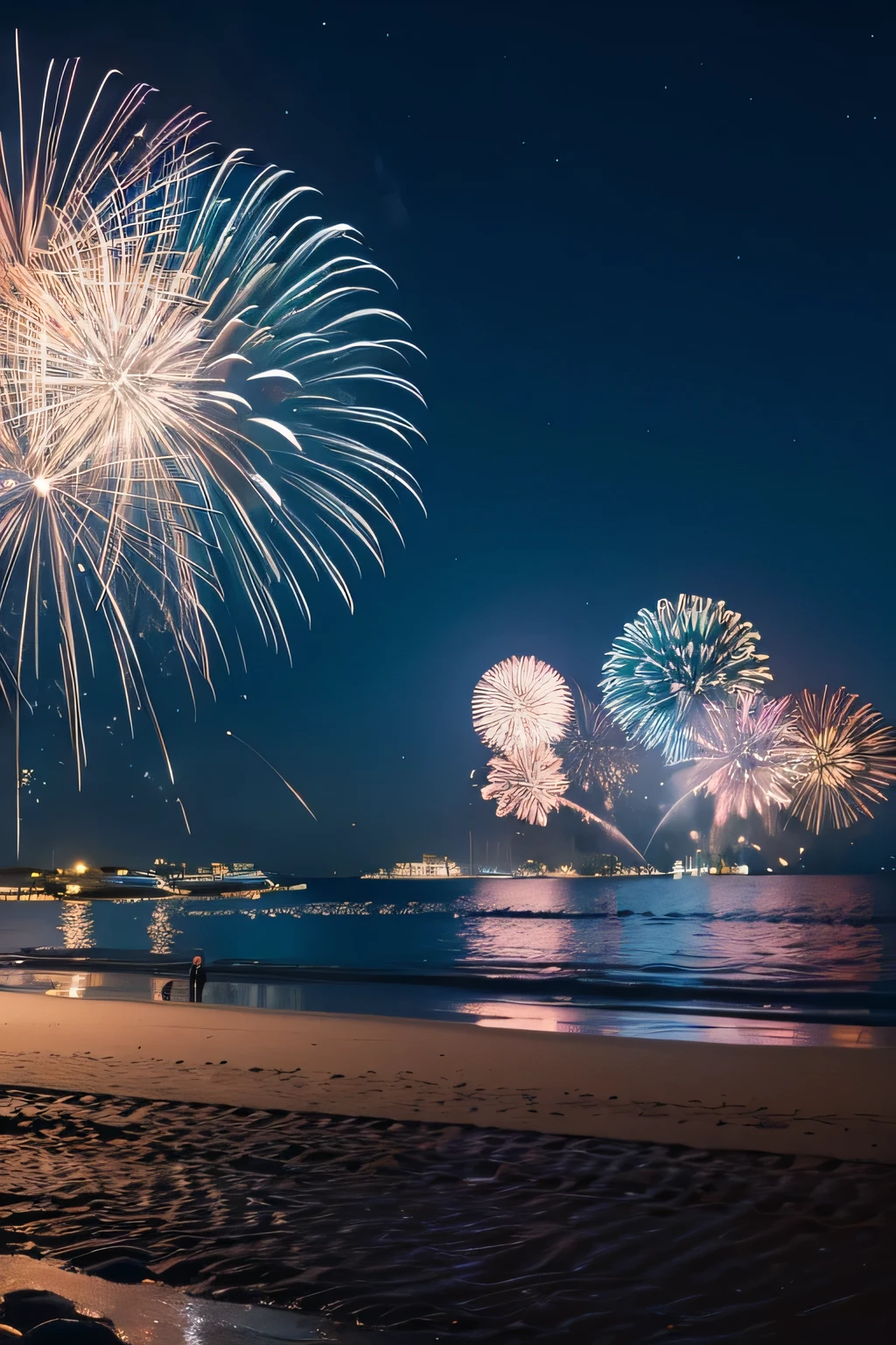 Pale blue fireworks, seaside, no people on the screen, a fantastic meteor shower in the background sky