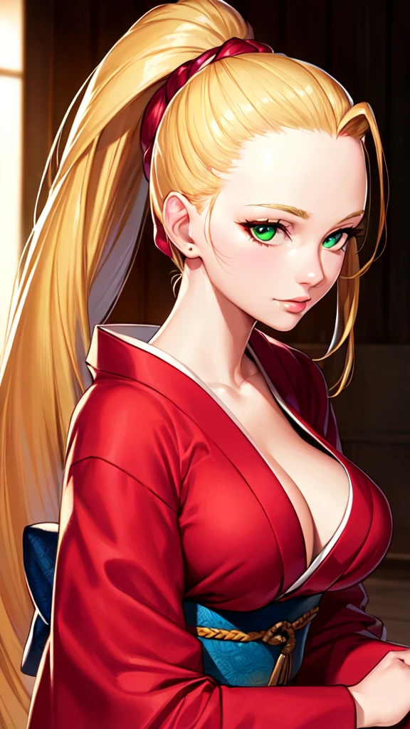 {{{Zombies 100, Beatrix Amerhauser:1.8}}}, 8k, Best Quality, Super detailed, It is high resolution., Highly detailed CG, Clear, Best aesthetic, Great shading, (Photorealistic:1.3), High contrast, Ultra-thin illustration, Shrinkage rate, Beautiful detailed eyes, Beautiful detailed skin, Realistic skin, Beautiful detailed hand, Beautiful detailed fingers, Beautiful detailed hair, Detailed hair, Beautifully detailed ears, Beautiful Detail Lip, Professional Lighting, Beautiful detailed backgrounds, Very realistic backgrounds, 1 Girl, Solo, Age 25, Beautiful woman, (((Forehead, Very long hair, Ponytail, Blonde))), (Bright green eyes), ((Big eyes)), ((Red Kimono)), Lip gloss, Cowboy Shot ,blush, Embarrassed, (Tempting), No bra, hostel, open clothes,