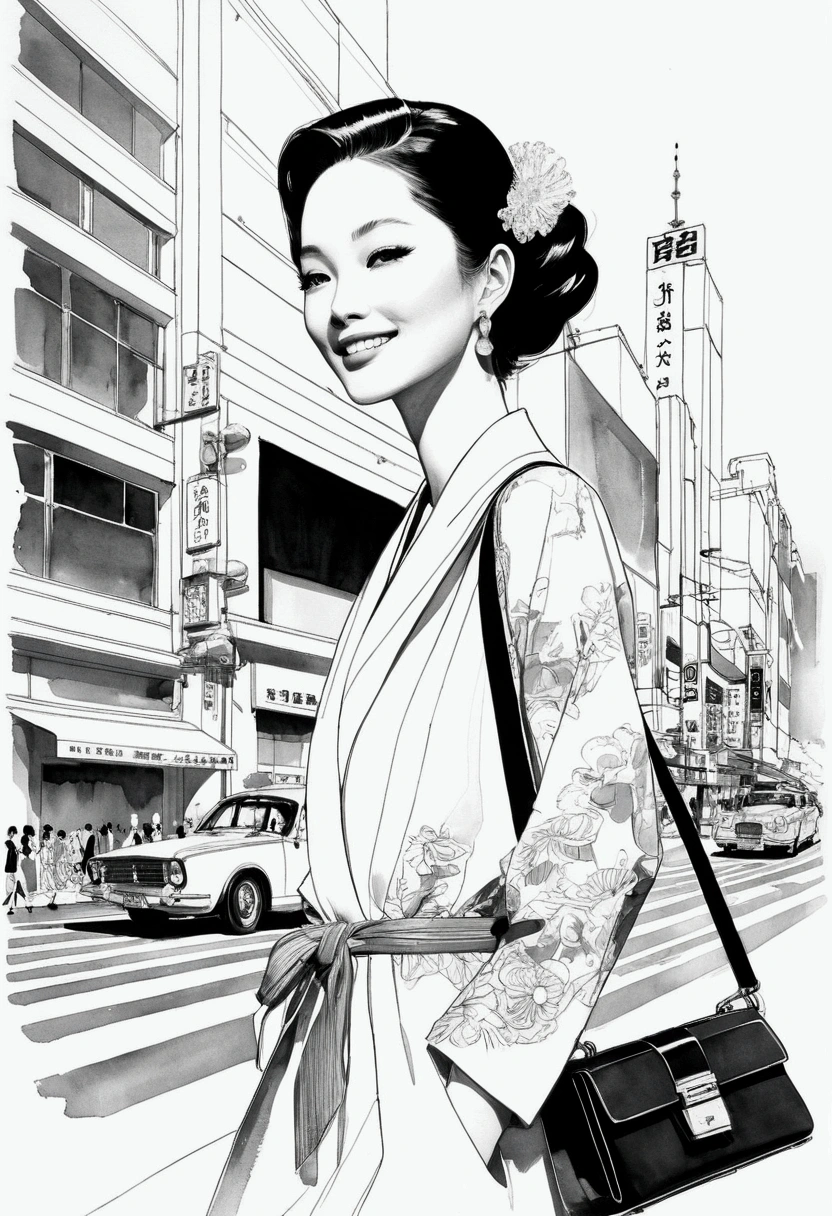 Japanese women、Tokyo、shopping、smile、whole body、Walking around the city、David Downton's Fashion Illustrations,