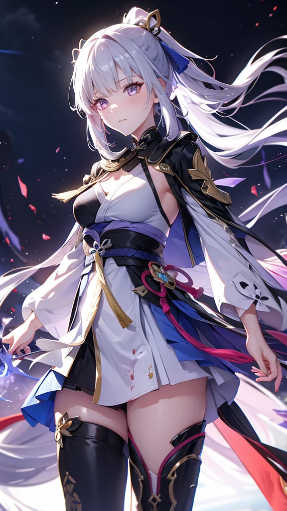 1girl, japanese clothes, ponytail ,white hair, purple eyes, magic circle, blue fire, blue flames, wallpaper, landscape, blood, blood splatter, depth of field, night, light particles, light rays, sidelighting, thighs, fate \(series\), genshin impact, ****, open jacket, skirt, thighhighs, cloud