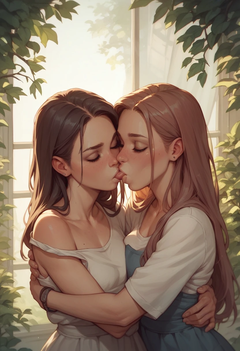 a beautiful naked age girl kisses her friend's naked breasts, Hintergund Urwald
