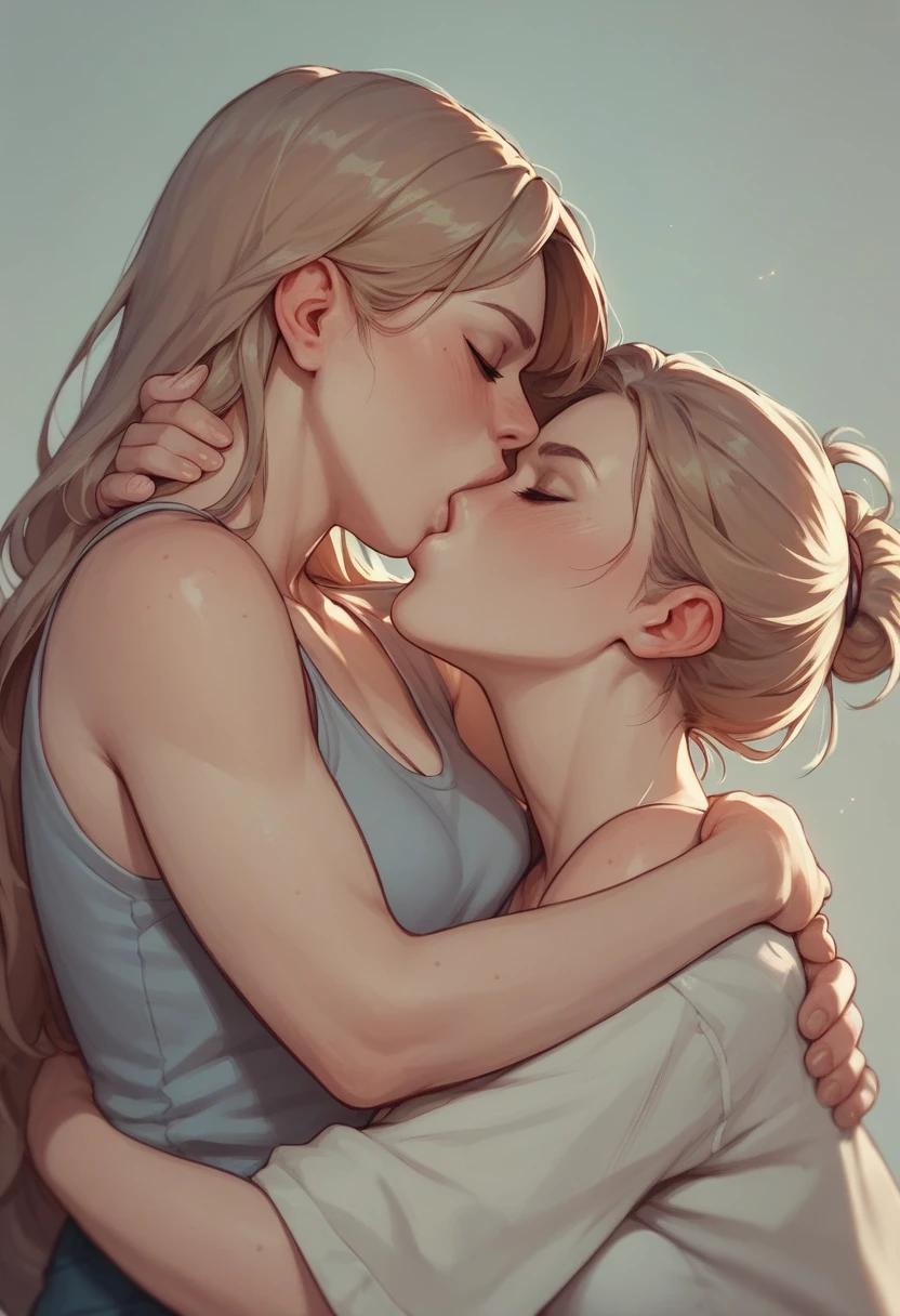 Two girls hugging each other tightly and sucking each other's tits naked and sweating