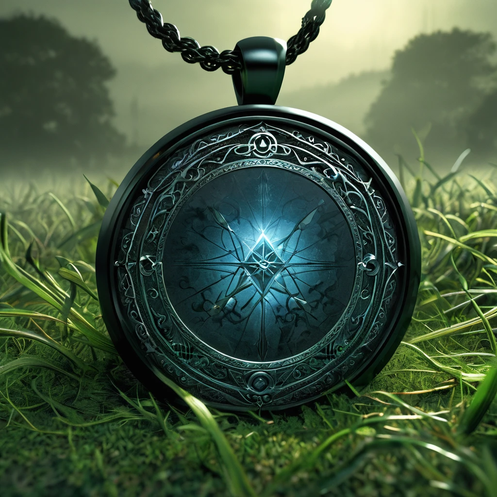 a black pendant lying in the grass, set in a medieval dark fantasy world. The pendant should have an intricate design, possibly with mystical runes or an ornate pattern, and it should glisten as if imbued with magic. The grass around it is dark and slightly overgrown, with hints of mist swirling at the edges. The overall atmosphere should be eerie and mysterious, with a hint of danger lurking in the shadows."