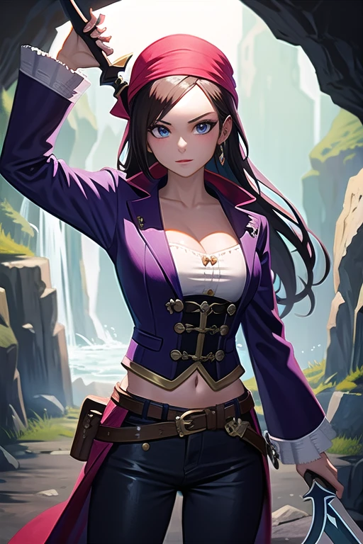 beautiful pirate woman with a shining sword in a gloomy cave