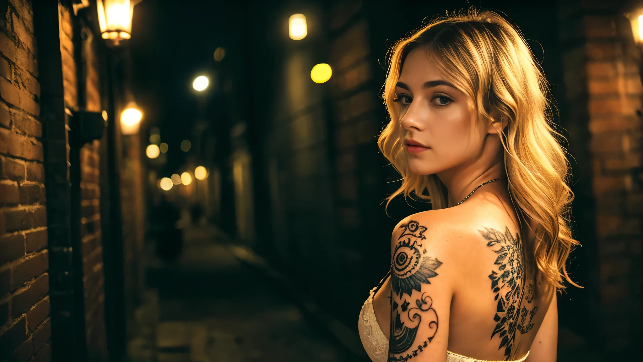 tatuados,Beautiful blonde with big breasts in a black suit、(Back tattoo、Many tattoos on both arms and neck)、 (Late night back alley、walk),Candlelight only,Very detailed, 21 years old, Innocent face, Wavy Hair, blue eyes, High resolution, masterpiece, Highest quality, Intricate details, Very detailed, Clear focus, Delicate skin, practical skin texture, texture, Delicate eyes, Professional, 4K, Sad face,despair、 Shot with Canon, 85mm, Shallow and deep, Kodak Vision Color, Exactly, Very detailed, photograph_\(Extremist\), photographpractical, practical, Post-processing, Maximum details, Roughness, Real Life, Extremist practical, Photorealism, photographgraphy, 8K Ultra HD, photographgraphy