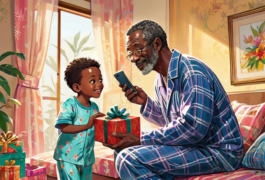 A 55 years old man wearing pajamas speaking on the phone with his left hand while grabbing a gift box from his son (who is 35 years old wearing pajamas too) with his right hand, Indoor.
African (masterpiece best quality:1.2) delicate illustration ultra-detailed, illustrations, bright, colourful,