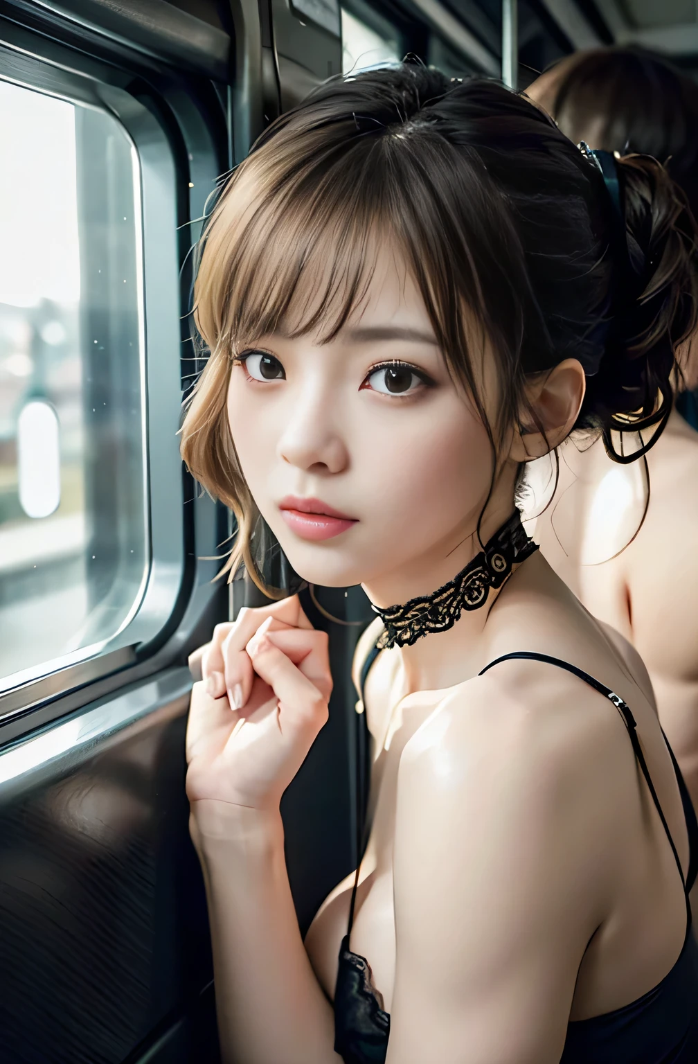 In a crowded train、(In 8K、RAW Photos、Highest quality、Realistic、Realistic、Professional Lighting、masterpiece、Very delicate and beautiful、Very detailed、finely、Very detailedな、High resolution、Full Shot)、software、office(Lowプボンテージ)、office内のシナリオ、1 Girl、Beautiful woman(Woman 1)、(Tie your hands behind your back)、bondage、She's naked、Beautiful Face:1.5、Slim figure、Big Breasts、Wide Hips、Low P Bondage、She is standing、My hands are tied behind my back