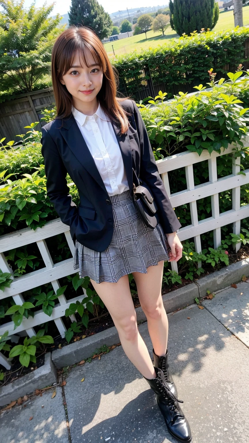(8k、RAW Photos、Highest quality、masterpiece:1.2)、(Realistic、Realistic)、1 Girl、((shirt、suit、Black Check Mini Skirt、Frilledium Hair、smile、whole body、boots、garden、View from the front、Looking at the camera、Hands on your hips))、cute