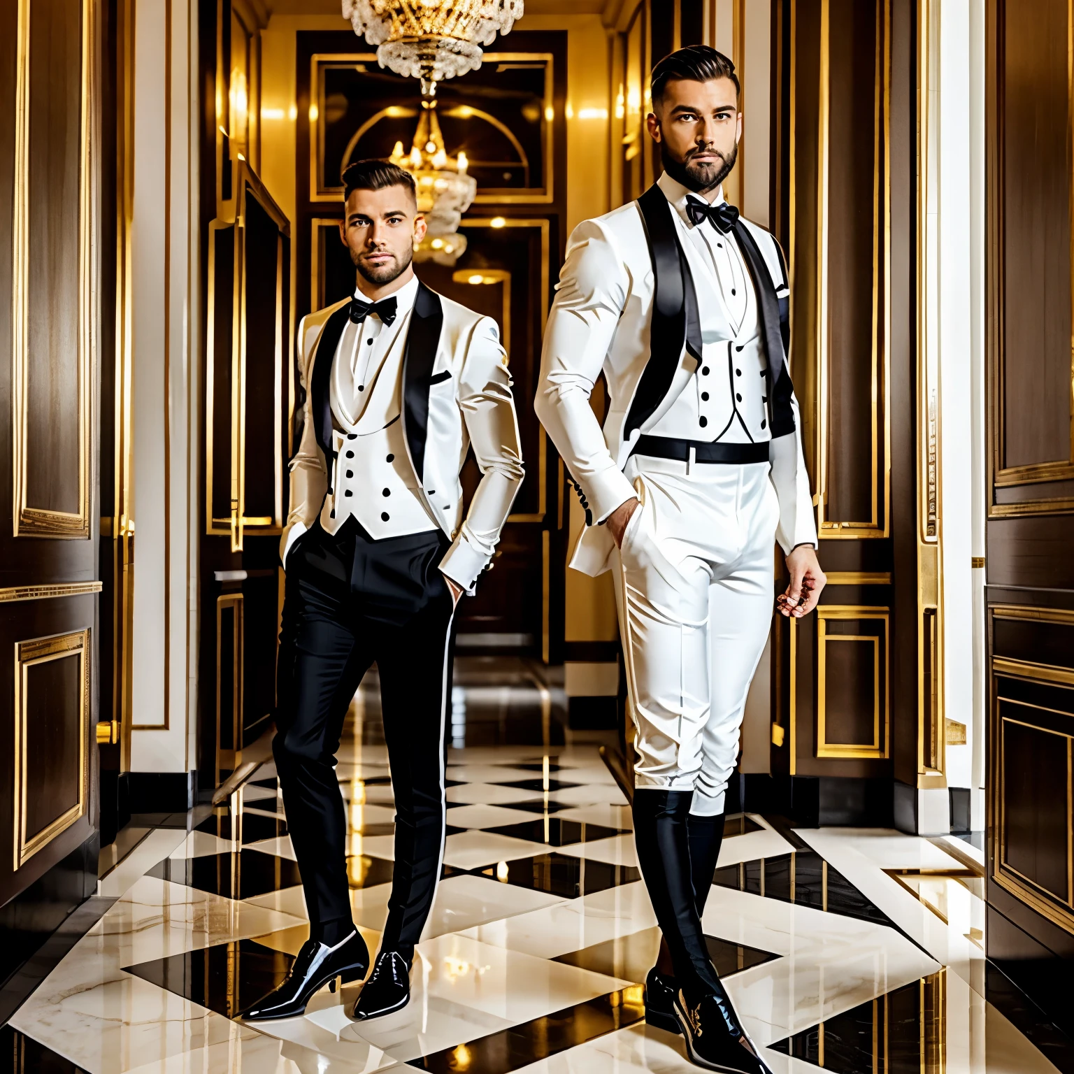 full view, full body, one over-muscular over-bodybuilded handsome white european guy with light-brown undercut haircut, very thin beard, ,no moustache, wearing hyper-tight white lycra suit looking like a tuxedo with black bow tie, black silky lycra socks and black patent shoes, golden rings, waiting standing in the hall of luxurious palace hotel in Paris