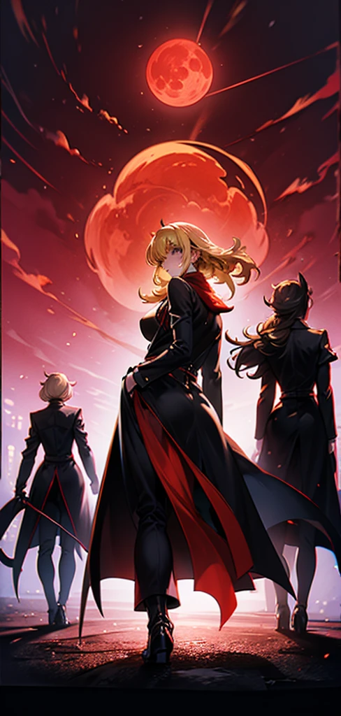 Blonde woman,Long coat,Rear View,silhouette,Red City,Red Moon,Red Night,