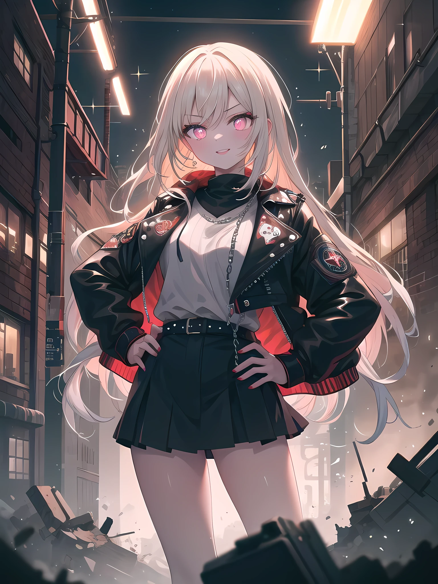 ((8k, best quality, master piece: 1.3)),super high resolution,(1 girl, solo), (colorshift eyes, hyperdetailed, expressive sparkling, glitter, glowing eyes), ultra detailed eyes, ultra-detailed face, random hair, ((pastel color)),A delinquent girl. In the background, we can see rusty machines and collapsed walls in an abandoned factory. The girl is punk-style, wearing a black leather jacket and a skirt with studs. The jacket is decorated with band patches, and the skirt is decorated with chains and rivets. The camera is set at the bust so that her expression can be seen clearly. A defiant smile spreads across the girl's face, and her large eyes shine defiantly. Her skin is pale, and her lips are painted with dark red lipstick. Her hair is a mohawk, with only the top part standing up. Her platinum blonde hair sparkles in the light.
She holds a beer bottle in one hand and the other hand on her hip. She stands confidently, with a sense of indifference to her surroundings. In the background, we can see collapsed walls and rusty machines, and scattered junk on the ground. The dim light and dusty air of the abandoned factory give the overall atmosphere a desolate one.
The texture of the girl's jacket, the details of her hair, and the shine of the beer bottle are all depicted in great detail. The dim light accentuates her rebellious expression, recreating an overall dark and eerie atmosphere. Her defiant gaze and confident posture exude the strength and unique charm of a delinquent girl.Her defiant gaze and relaxed posture exude the strength and unique charm of a bad girl.A vibrant night scene with neon pulse effects. Colorful neon lights pulse rhythmically, casting dynamic, glowing hues across the image. These neon pulses create a lively, energetic atmosphere, highlighting the subject with a vibrant, electric glow. The dynamic light patterns enhance the modern and bustling feel of the scene