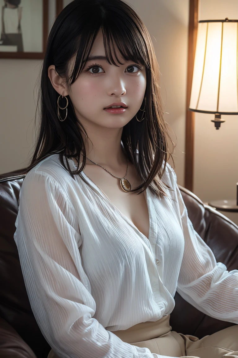 (Highest quality:1.4)，(masterpiece:1.4)，(Realistic:1.4)，(Realistic:1.2)，(超High resolution， RAW Photos:1.4)，(High resolution， Ultra-detailed:1.2)，(8k:1.2)，View your viewers，Cinematic photography，One girl，skeletally correct，Black-haired woman，Woman in her early 20s，(Small earrings，necklace，Wide-open chest blouse)，（Western-style building interior，Dimly lit room，The lamplight shines on my cheeks，Sit on the sofa）