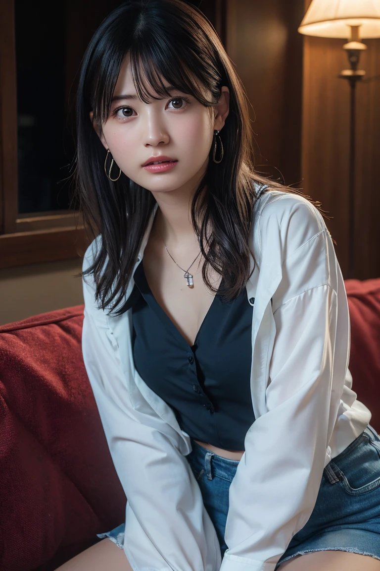(Highest quality:1.4)，(masterpiece:1.4)，(Realistic:1.4)，(Realistic:1.2)，(超High resolution， RAW Photos:1.4)，(High resolution， Ultra-detailed:1.2)，(8k:1.2)，View your viewers，Cinematic photography，One girl，skeletally correct，Black-haired woman，Woman in her early 20s，(Small earrings，necklace，Wide-open chest blouse)，（Western-style building interior，Dimly lit room，The lamplight shines on my cheeks，Sit on the sofa）