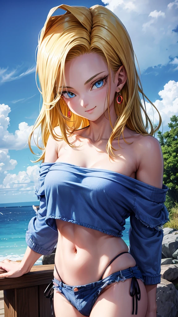 masterpiece， Highest quality， Super detailed， Absurd， Portrait Beautiful Android 18db， alone， 耳Nipple Ring， (bikini:1.5)，Inadequate clothing，gem， (Off-the-shoulder clothing:1.5)，Cleavage， Upper body close-up，smile， String， Best， cloud， Sky Sky， Daisy， outside of home，Denim Super Shorts，Highest quality， masterpiece， Intricate details， Tone Mapping， Sharp focus， Super detailed， Altstati is also in trend，