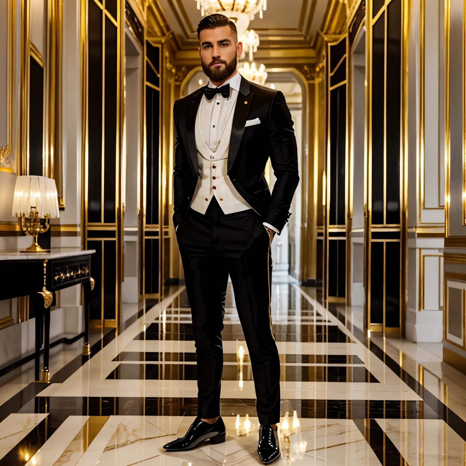 full view, full body, one over-muscular over-bodybuilded handsome white european guy with light-brown undercut haircut, very thin beard, ,no moustache, wearing hyper-tight white lycra suit looking like a tuxedo with black bow tie, black silky lycra socks and black patent shoes, golden rings, waiting standing in the hall of luxurious palace hotel in Paris