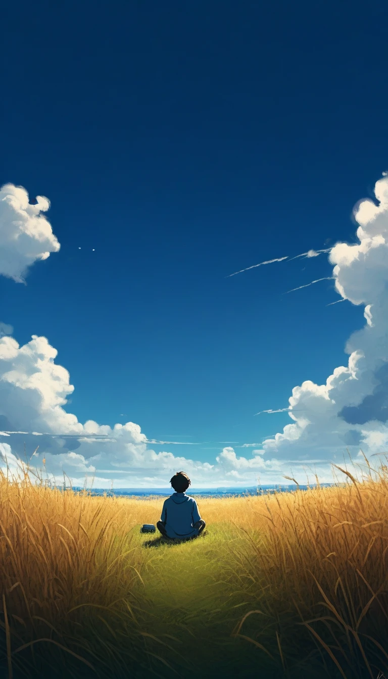 a boy sitting in an autumn meadow, seeing a vast blue sky with dark blue clouds, tall grasses, cloudy sky, makoto shinkai cyril rolando, anime art wallpaper 4k, anime art wallpaper 4k, animated background, anime art wallpaper 8k, animated background art, Anime Landscape Wallpaper, amazing wallpaper, hd wallpaper, 4k anime wallpaper, 4k anime wallpaper, Aries Moross art,art by Bob Byerley , AshleyWoodArtAI, Greg Rutkowski