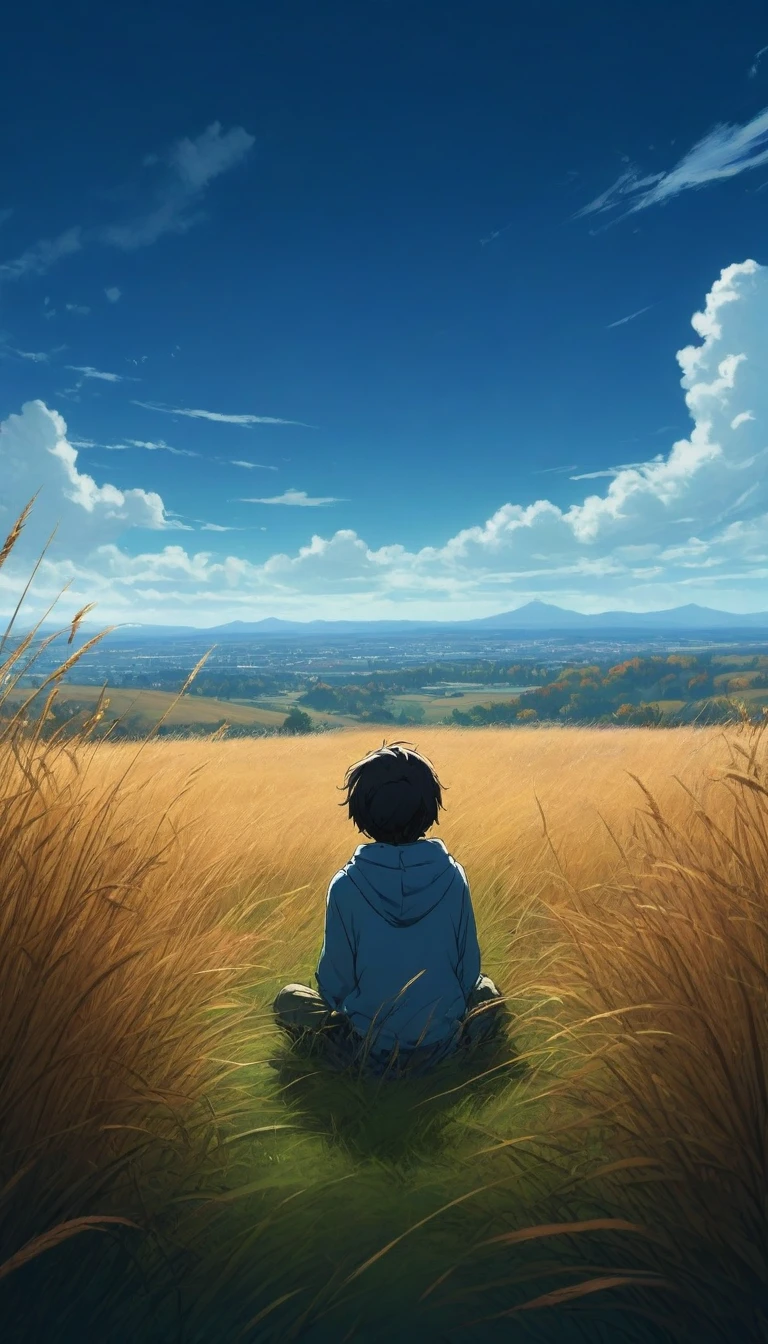 a boy sitting in an autumn meadow, seeing a vast blue sky with dark blue clouds, tall grasses, cloudy sky, makoto shinkai cyril rolando, anime art wallpaper 4k, anime art wallpaper 4k, animated background, anime art wallpaper 8k, animated background art, Anime Landscape Wallpaper, amazing wallpaper, hd wallpaper, 4k anime wallpaper, 4k anime wallpaper, Aries Moross art,art by Bob Byerley , AshleyWoodArtAI, Greg Rutkowski