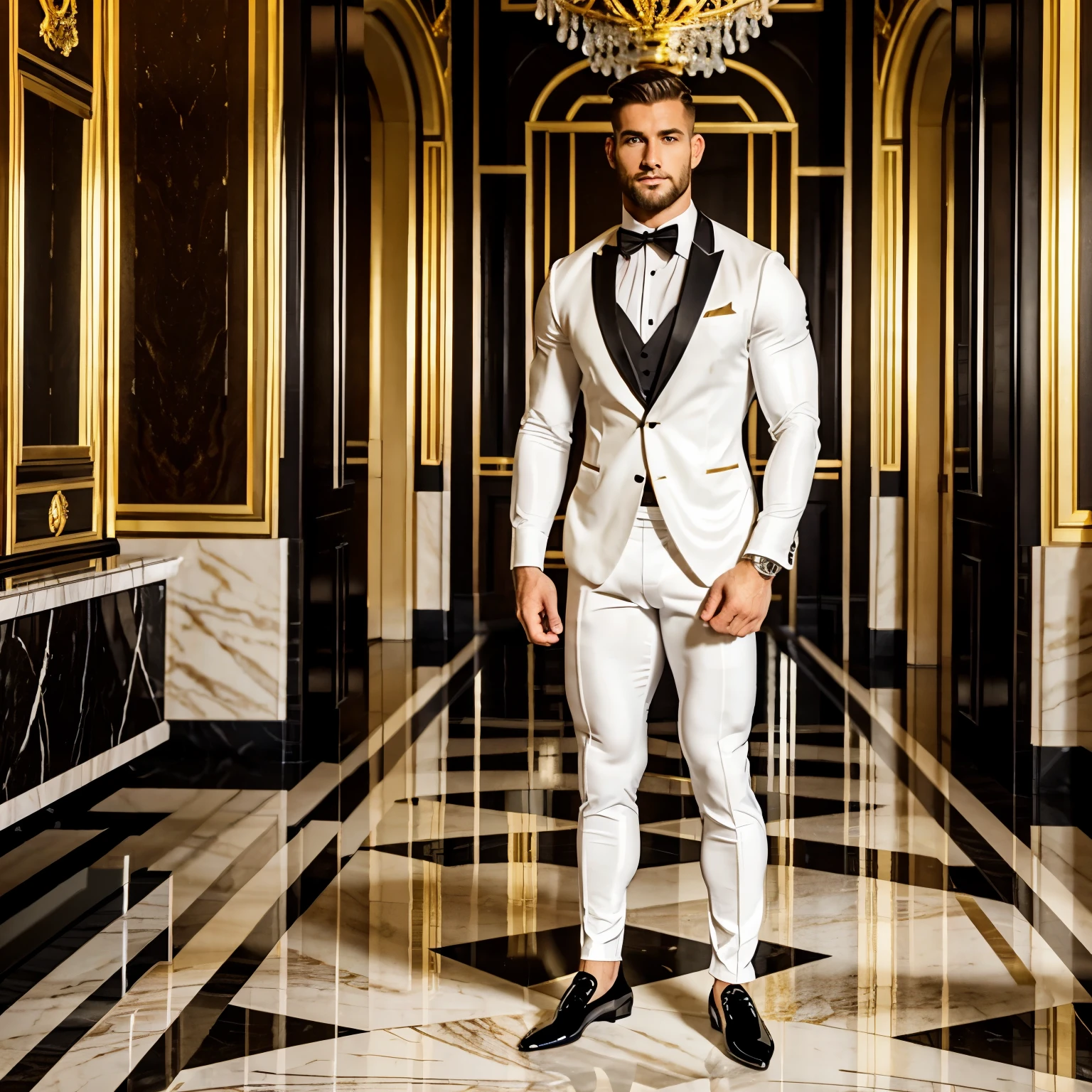 full view, full body, one over-muscular over-bodybuilded handsome white european guy with light-brown undercut haircut, very thin beard, ,no moustache, wearing hyper-tight white lycra suit looking like a tuxedo with black bow tie, black silky lycra socks and black patent shoes, golden rings, waiting standing in the hall of luxurious palace hotel in Paris