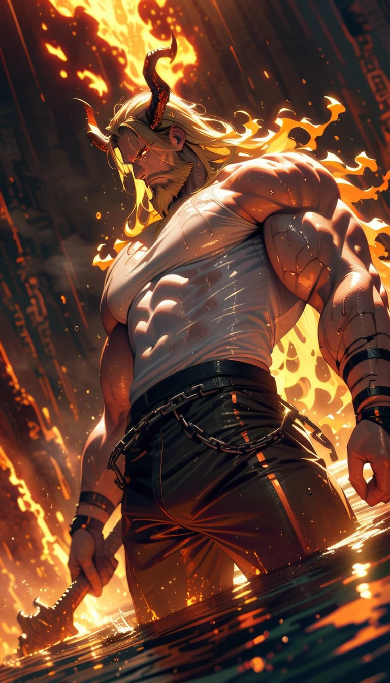 ((best quality)) , ((masterpiece)) , (detailed)，chain, horns, long hair, fire, molten rock, muscular, colored skin, fiery hair, beard, glowing eyes, male focus, facial hair, muscular male, 1boy, blonde hair, glowing, embers, weapon,(((((water drops)),wet clothes,((beautiful detailed water)),((floating)),dynamic angle)))