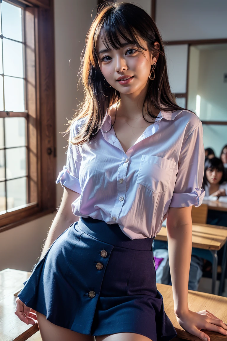 First Person View, (masterpiece:1.3), High resolution, Super detailed, Highly detailed CG Unity 8k wallpaper, Realistic, photo-Realistic, RAW Photos, Beautifully detailed face, Pale skin, Realistic glistening skin, Detailed cloth texture, Detailed hair texture, Perfect body, Beautiful Face, Accurate, Anatomically correct, Highly detailed face and skin texture, Natural neck length, (Beautiful Hands), (Fair skin:1.2), Thin legs, Thin legs,
break,
Detailed eyes, Symmetrical eyes, Light brown eyes, double eyelid, Thin eyebrows, (Glossy Lips:1.4), ((Smiling Kindly:1.2)), (blush:1.1),
break,
(Classy and cute girl:1.3), (elegant (Light purple) Button-down shirt:1.2), ((navy) A long skirt with an irregular hem:1.2), Close button, (Long skirt),
Medium large breasts, (Slim figure:1.1), Toned Abs, Beautiful clavicle,
(Dark blonde hair, Wavy Hair, Long Hair:1.2), ((Asymmetrical bangs:1.2)),
break,
(Please put some coffee on my desk:1.3),
((Modern Japanese Office)), (Cowboy Shot:1.2), View your viewers, A view from a little below,