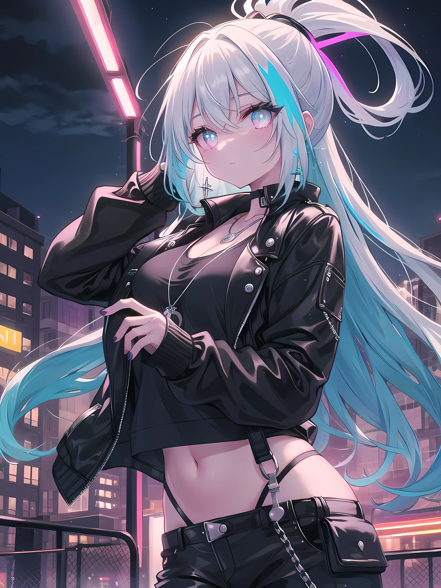 ((8k, best quality, master piece: 1.3)),super high resolution,(1 girl, solo), (colorshift eyes, hyperdetailed, expressive sparkling, glitter, glowing eyes), ultra detailed eyes, ultra-detailed face, random hair, ((pastel color)),A bad girl. The background is a back alley in a city at night, with neon lights illuminating the walls and the ground. The girl has a tough, rebellious vibe, and wears a tattered black leather jacket. Under the jacket, she wears a T-shirt with a rock band logo, and her jeans are distressed. The camera is set at the bust so that her expression can be seen clearly. The girl has a cold, sharp expression on her face, and her large eyes shine defiantly. Her skin is pale, with light scratches on her cheeks. Her hair is messy and short, and is set carelessly. Her hair is platinum blonde, and it sparkles in the neon lights.

She holds a cigarette in one hand, and the other hand is in her pocket. She stands relaxed, but exudes a somewhat aggressive atmosphere. The background shows a dimly lit alley, graffiti on the wall, and the neon lights of a city in the distance. The alley is littered with garbage bags and broken signs, giving the overall atmosphere a desolate one.

The texture of the girl's leather jacket, the details of the scratches, and every strand of hair are depicted in detail. The brightness of the neon lights enhances her cold expression, recreating an overall dark and rebellious atmosphere. Her defiant gaze and relaxed posture exude the strength and unique charm of a bad girl.A vibrant night scene with neon pulse effects. Colorful neon lights pulse rhythmically, casting dynamic, glowing hues across the image. These neon pulses create a lively, energetic atmosphere, highlighting the subject with a vibrant, electric glow. The dynamic light patterns enhance the modern and bustling feel of the scene