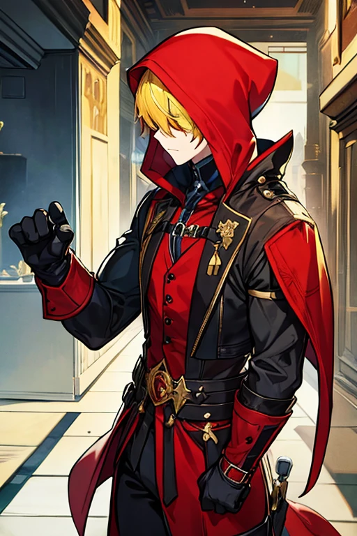 man, short yellow hair, red hood that covers his eyes, black gloves, muscular