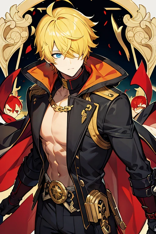 man, short yellow hair, red hood that covers his eyes, black gloves, muscular