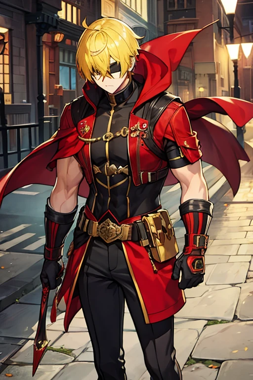 man, short yellow hair, red hood that covers his eyes, black gloves, muscular