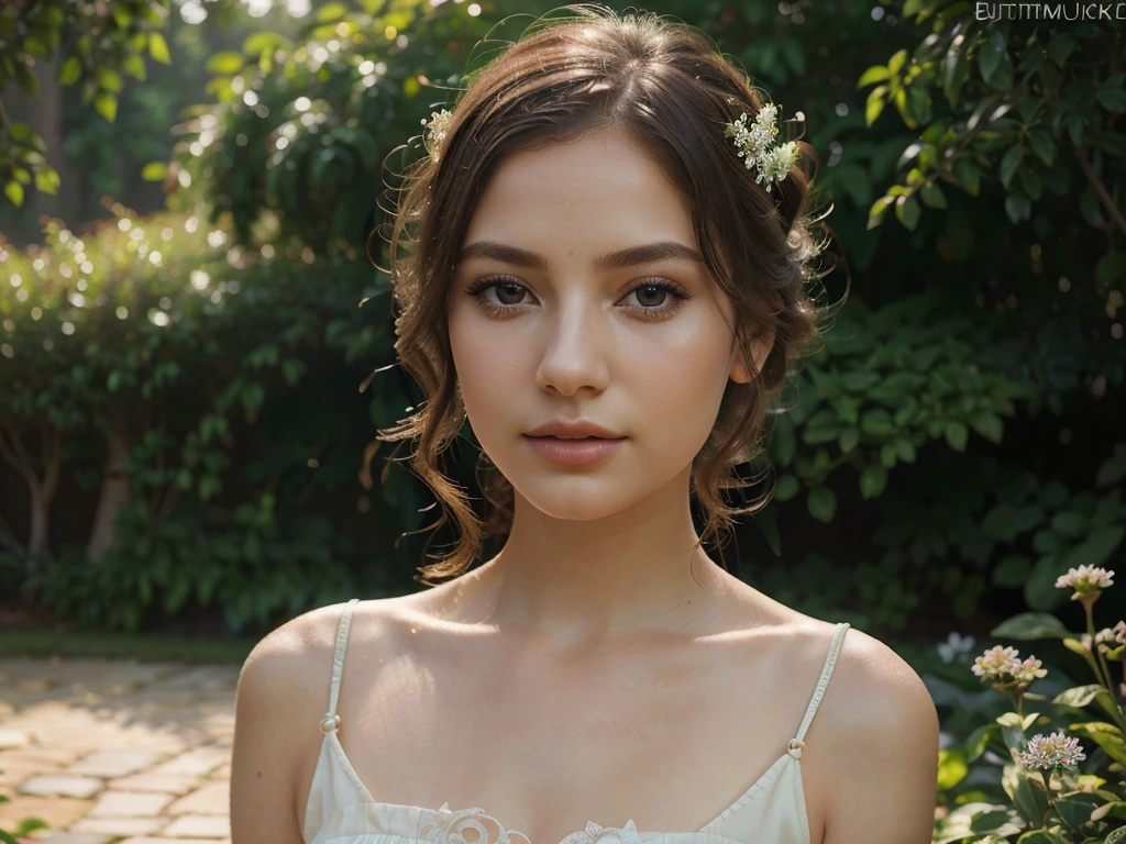 A beautiful girl in a garden, detailed eyes, detailed lips, long eyelashes, delicate skin, elegant dress, serene expression, vibrant colors, natural light, soft bokeh, intricate details, cinematic lighting, dreamlike atmosphere, digital painting style, masterpiece, photorealistic, 8k, best quality