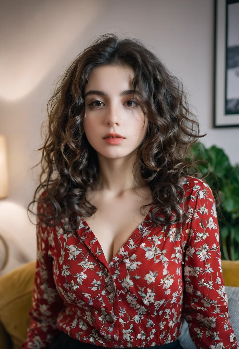 bloom, Lens Reflection, (8K, Raw, professional, best quality, masterpiece: 1.2), (Practical, photoPractical: 1.37), Extremely detailed, (25mm Wide Angle Portrait), (The most delicate skin: 1.2), Very rich facial details, light, 1 Girl, curly dark hair, (windy), Stand on the couch, dark light, Looking at the camera, Large Breasts, Black and red shirt