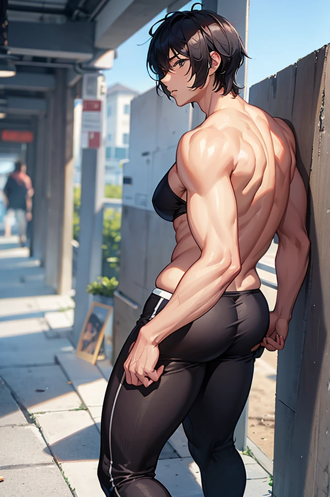 masterpiece, highest quality, High resolution, aamikoto, short hair, Hair Flowers, hour々Gym Wear:0.5, Expose your shoulders, Sleeveless shirt, White shirt, Are standing, Cowboy Shot, Outdoor,(No underwear),(Open your anus with the fingertips of both hands:1.3),(hour々she&#39;She is completely naked, exposing her big ass.),(Very young looking girl　Small breasts),(Lean forward and stick your butt out),(The pubic crease is clearly visible)