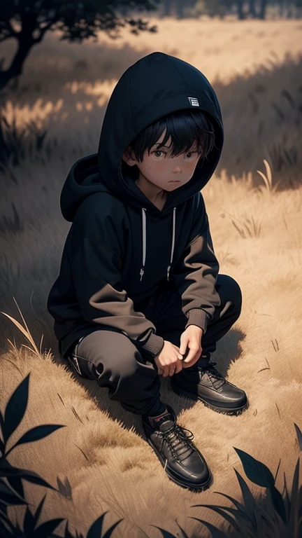 a small wearing a hoodie sat under a lush tree and a large grass field accompanied by darkness that enveloped him. with a photo display of the whole body visible from a distance.