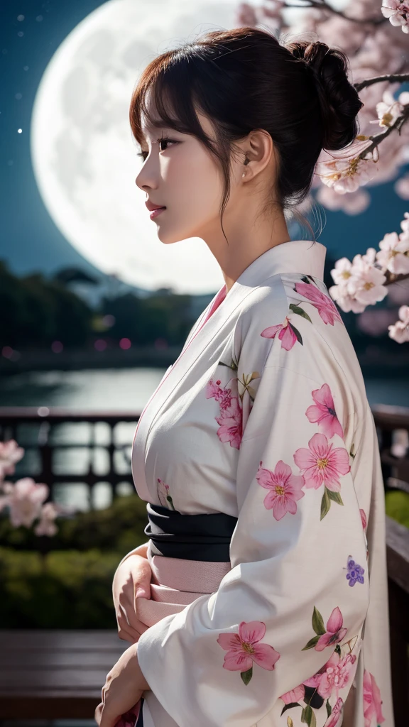 (masterpiece, 最high quality, high quality, High resolution, Very detailed), Background is cherry blossoms, Cherry blossom petals fluttering, Glossy, beautiful lips, KPOP idol faces, Beautiful Korean woman face, Vibrant colors, High resolution, 8k, Beautiful Japanese woman in a kimono, whole body, Seen from the side, profile, solo, White floral kimono and black hakama, A huge moon behind, A big moon shining in the darkness of the night, Backlight, moonlight, Cherry Blossoms at Night, SakuraFubuki,