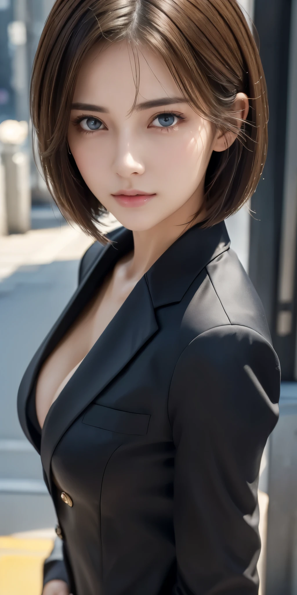 Photorealistic、Highest quality、Highest quality、masterpiece、超High resolution、Raw photo、Realistic、Bright lighting、Face Light、Smooth Professional Lighting、Looking at the camera、alone、Adult women、Beautiful woman、Super Beauty、Realistic肌、Moisturized Skin、Realistic eyes and faces、Perfect model body shape、Beautiful Eyes、Big eyes、Inconspicuous tear bags、slim、Big Breasts、No bra、No makeup、Camel Toe、Very short hair、Black Hair、Black Eye、looks fun、The ears are hidden in the hair、16K, High resolution, RTTX 10.0, Ray Tracing, Natural light, Absurd, Highest qualityのmasterpiece, Perfect anatomy and highly detailed face, Detailed eyes, One girl, alone, Wear a business suit, shirt, Open the top button, Beautiful Hair, very beautiful, Edgy, nice, Evil Aura, the wind is strong, Glowing Eyes, Serious expression, dystopian city, Futuristic, Detailed Background, Awards, Neon Light, Talked about at the art station