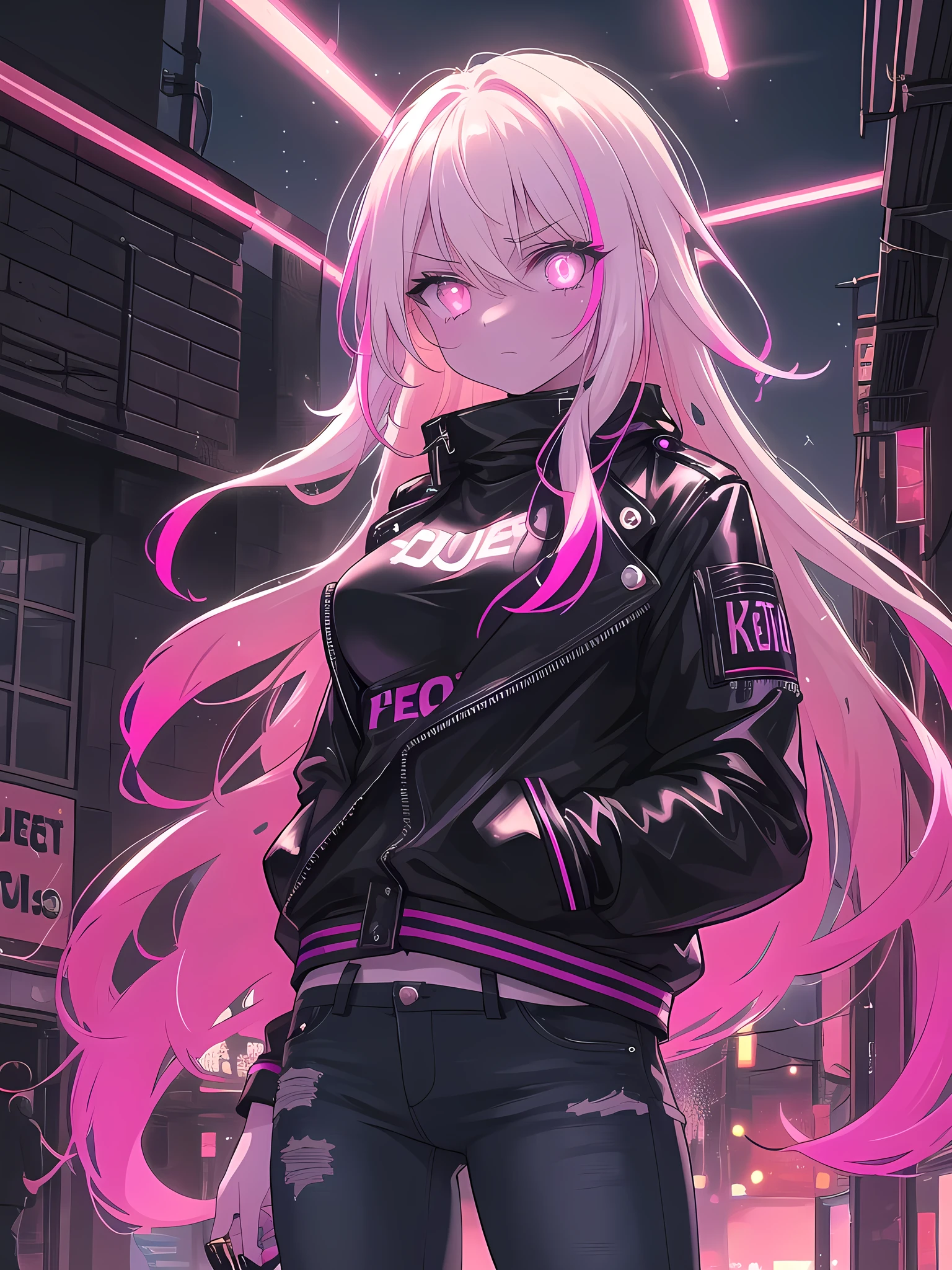 ((8k, best quality, master piece: 1.3)),super high resolution,(1 girl, solo), (colorshift eyes, hyperdetailed, expressive sparkling, glitter, glowing eyes), ultra detailed eyes, ultra-detailed face, random hair, ((pastel color)),A bad girl. The background is a back alley in a city at night, with neon lights illuminating the walls and the ground. The girl has a tough, rebellious vibe, and wears a tattered black leather jacket. Under the jacket, she wears a T-shirt with a rock band logo, and her jeans are distressed. The camera is set at the bust so that her expression can be seen clearly. The girl has a cold, sharp expression on her face, and her large eyes shine defiantly. Her skin is pale, with light scratches on her cheeks. Her hair is messy and short, and is set carelessly. Her hair is platinum blonde, and it sparkles in the neon lights.

She holds a cigarette in one hand, and the other hand is in her pocket. She stands relaxed, but exudes a somewhat aggressive atmosphere. The background shows a dimly lit alley, graffiti on the wall, and the neon lights of a city in the distance. The alley is littered with garbage bags and broken signs, giving the overall atmosphere a desolate one.

The texture of the girl's leather jacket, the details of the scratches, and every strand of hair are depicted in detail. The brightness of the neon lights enhances her cold expression, recreating an overall dark and rebellious atmosphere. Her defiant gaze and relaxed posture exude the strength and unique charm of a bad girl.A vibrant night scene with neon pulse effects. Colorful neon lights pulse rhythmically, casting dynamic, glowing hues across the image. These neon pulses create a lively, energetic atmosphere, highlighting the subject with a vibrant, electric glow. The dynamic light patterns enhance the modern and bustling feel of the scene