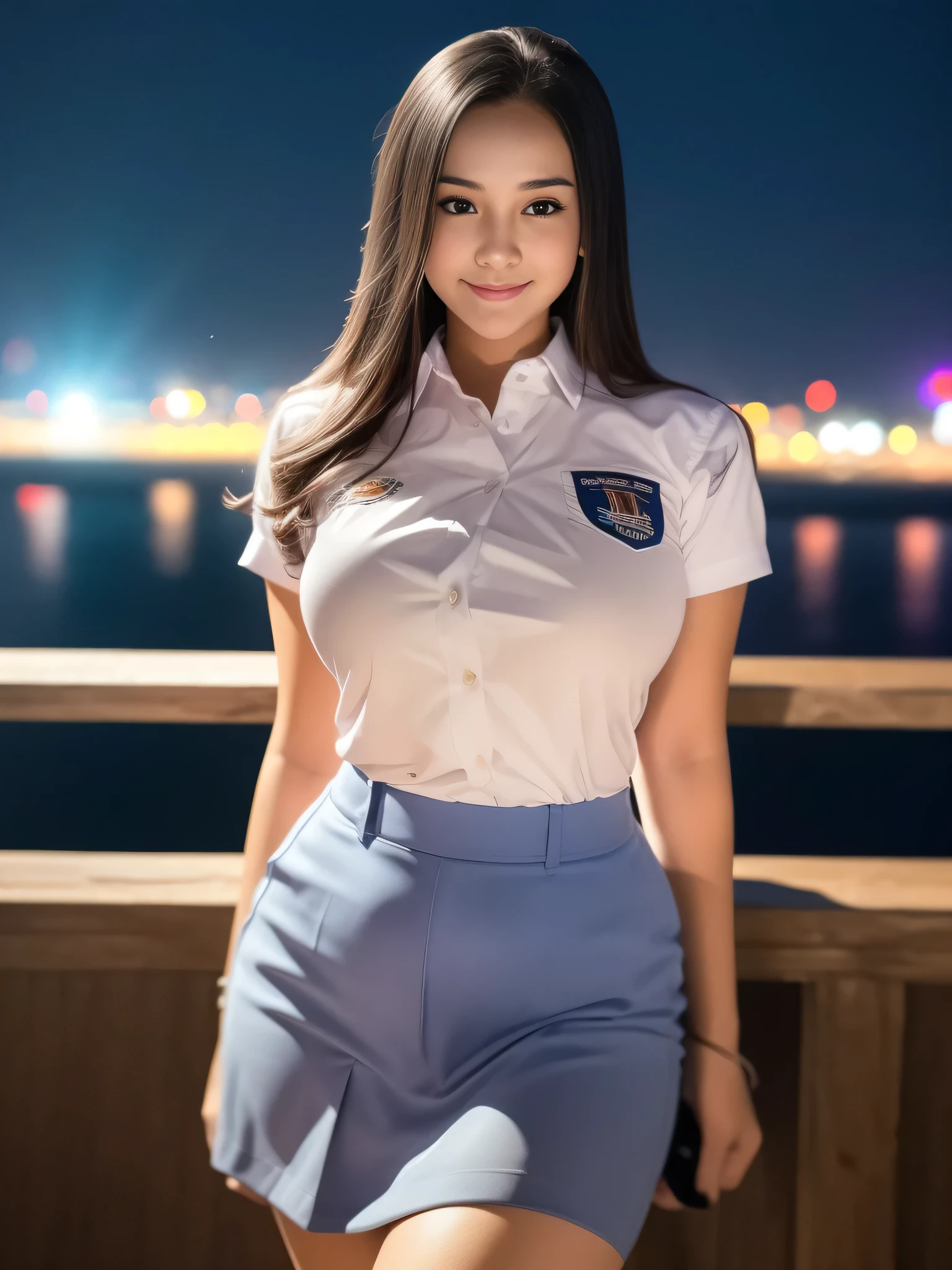 1girl, (uniform), standing, outdoors, night view, detailed Metropolitan city at the background, detailed face, little smile, detailed eyes, big breasts, smooth realistic skin, semi-curvy body, tide white shirt, grey blue mini skirt, looking at the audience, (8k, RAW photo, best quality, masterpiece: 1.2), (realistic, realistic: 1.37), ultra-high resolution