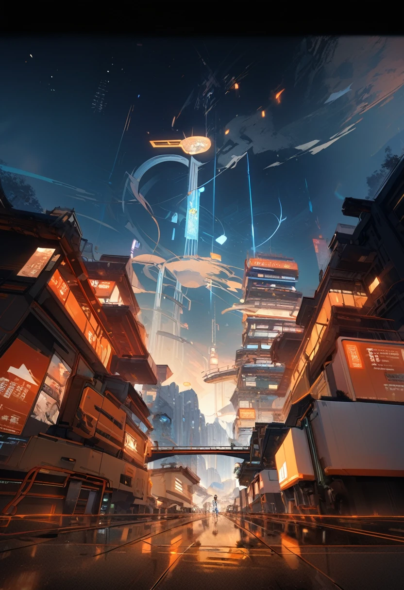 science and technology感的近现代future城市,There are office buildings and commercial areas,远处是一栋中国元素的science and technology大楼,Chinese aesthetic,future,science and technology,Refer to Chang'an City in King of Glory,Exquisite,Accurate structure,Light and Shadow,High quality comic scenes,