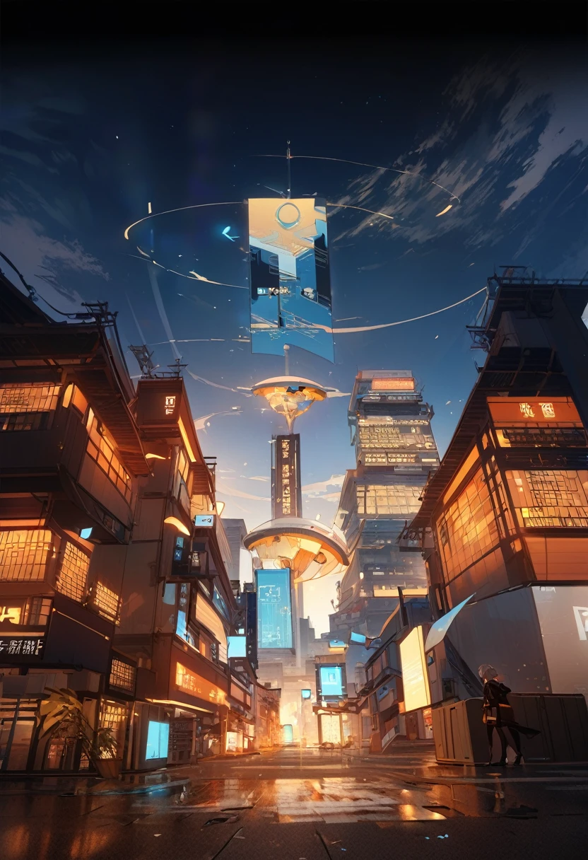 science and technology感的近现代future城市,There are office buildings and commercial areas,远处是一栋中国元素的science and technology大楼,Chinese aesthetic,future,science and technology,Refer to Chang'an City in King of Glory,Exquisite,Accurate structure,Light and Shadow,High quality comic scenes,