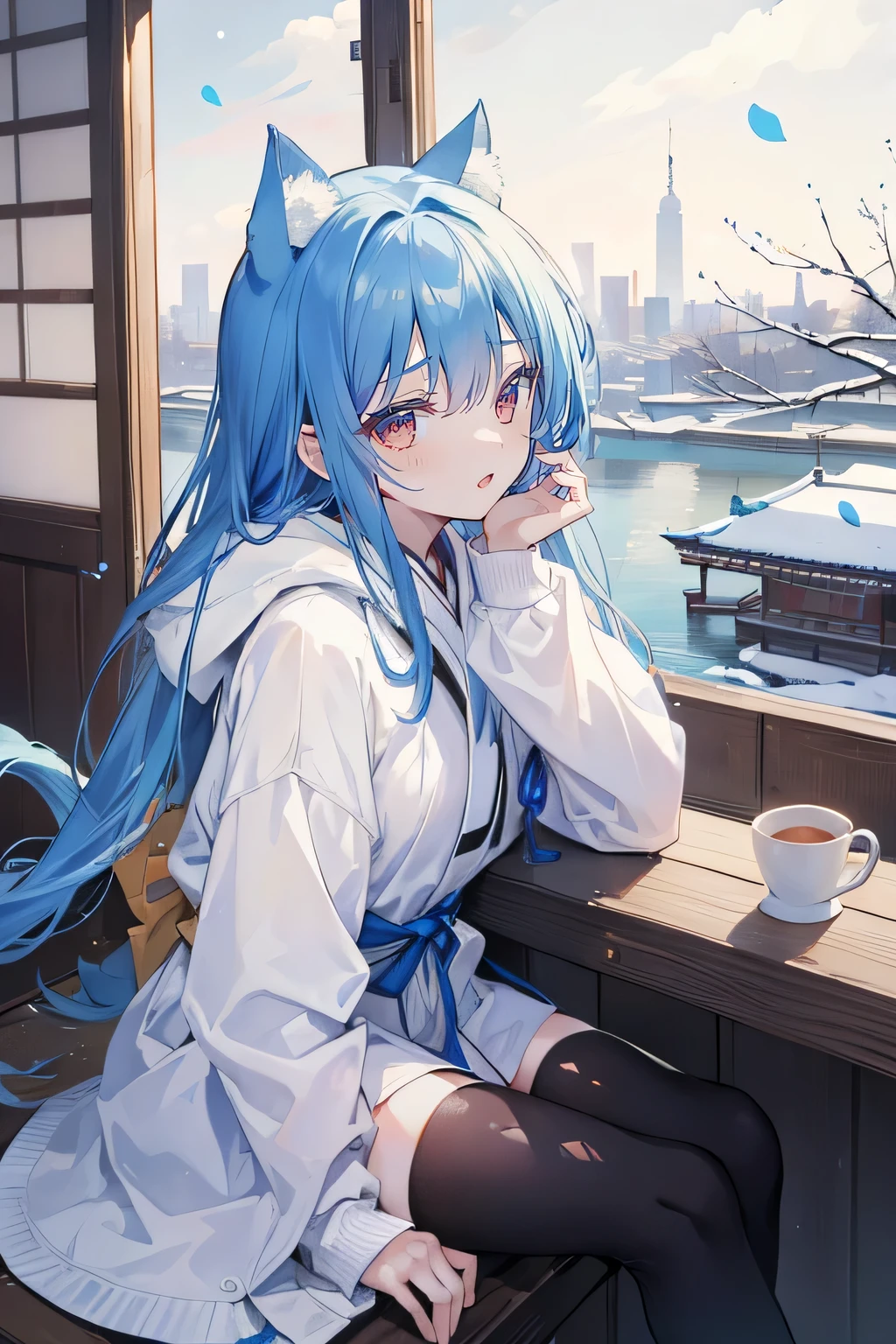 (Masterpiece:1.2)，Ultra-detailed，lifelike，The eyes are expressive，Fair skin，Perfect face shape，1 girl，
Japanese Manga，Gorgeous blue hair，Flowing blue hair，Flowing clothes，Cat ears，Petals falling，Beautiful Lola，little angel，
Cross your legs，Gentle and peaceful background，Smile，Tokyo background，background，heavy snow，winter.Highest quality，perfect face，sitting on window sill drinking coffee and looking out the window，six o&#39;clock in the morning。