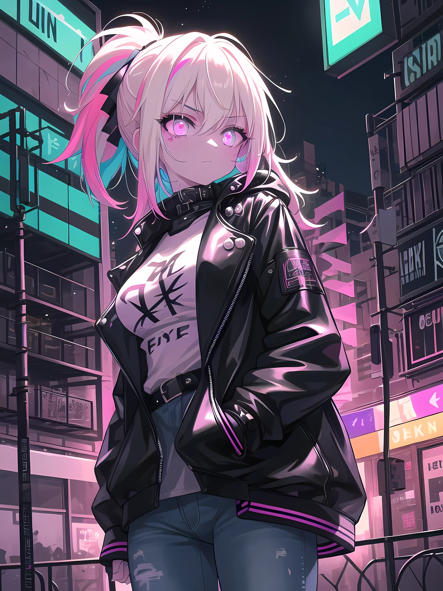 ((8k, best quality, master piece: 1.3)),super high resolution,(1 girl, solo), (colorshift eyes, hyperdetailed, expressive sparkling, glitter, glowing eyes), ultra detailed eyes, ultra-detailed face, random hair, ((pastel color)),A bad girl. The background is a back alley in a city at night, with neon lights illuminating the walls and the ground. The girl has a tough, rebellious vibe, and wears a tattered black leather jacket. Under the jacket, she wears a T-shirt with a rock band logo, and her jeans are distressed. The camera is set at the bust so that her expression can be seen clearly. The girl has a cold, sharp expression on her face, and her large eyes shine defiantly. Her skin is pale, with light scratches on her cheeks. Her hair is messy and short, and is set carelessly. Her hair is platinum blonde, and it sparkles in the neon lights.

She holds a cigarette in one hand, and the other hand is in her pocket. She stands relaxed, but exudes a somewhat aggressive atmosphere. The background shows a dimly lit alley, graffiti on the wall, and the neon lights of a city in the distance. The alley is littered with garbage bags and broken signs, giving the overall atmosphere a desolate one.

The texture of the girl's leather jacket, the details of the scratches, and every strand of hair are depicted in detail. The brightness of the neon lights enhances her cold expression, recreating an overall dark and rebellious atmosphere. Her defiant gaze and relaxed posture exude the strength and unique charm of a bad girl.A vibrant night scene with neon pulse effects. Colorful neon lights pulse rhythmically, casting dynamic, glowing hues across the image. These neon pulses create a lively, energetic atmosphere, highlighting the subject with a vibrant, electric glow. The dynamic light patterns enhance the modern and bustling feel of the scene