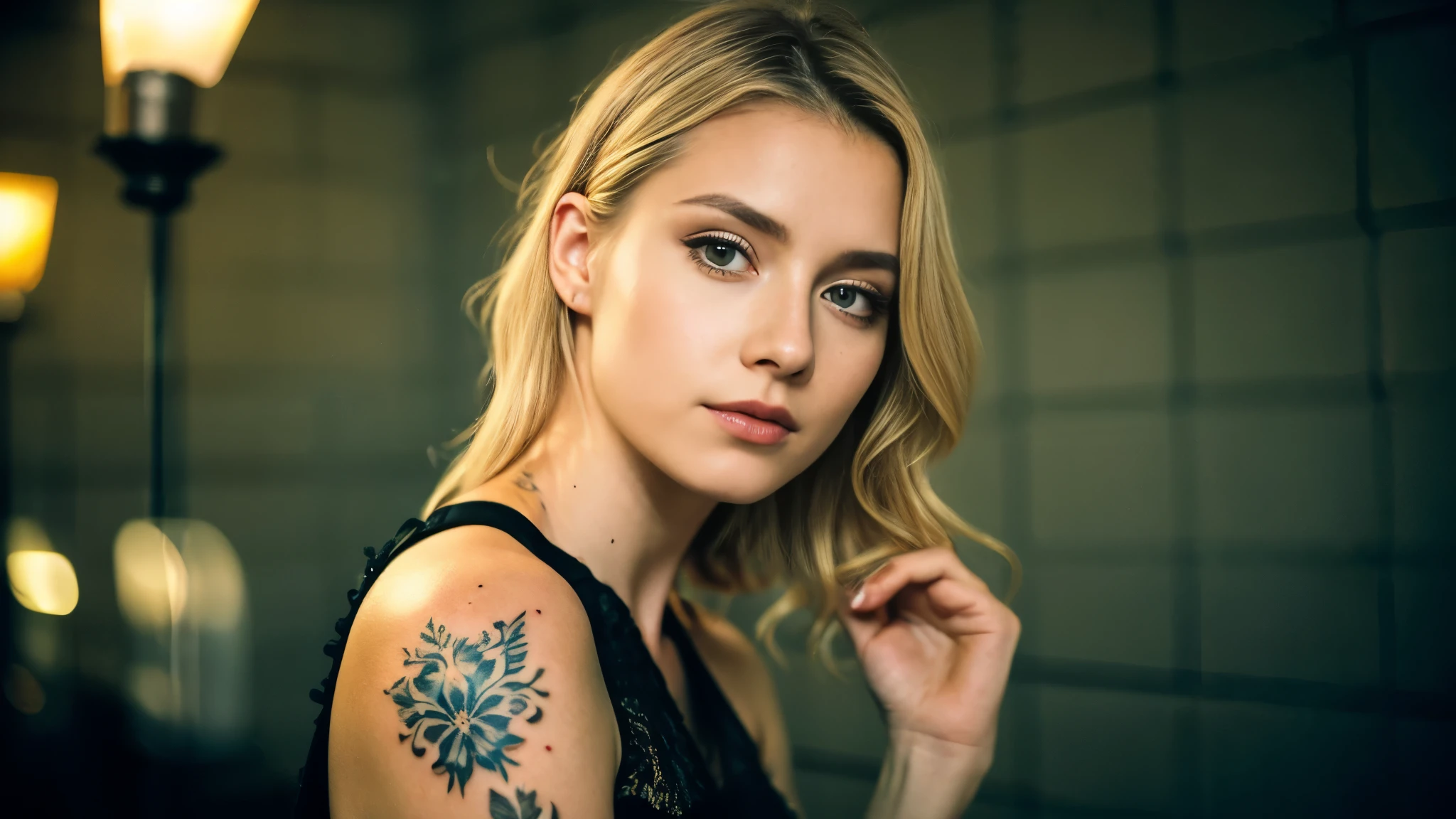tatuados,Beautiful blonde with big breasts in a black dress、(Back tattoo、Many tattoos on both arms and neck)、 (Midnight Prison、walk),Candlelight only,Very detailed, 21 years old, Innocent face, Wavy Hair, blue eyes, High resolution, masterpiece, Highest quality, Intricate details, Very detailed, Clear focus, Delicate skin, practical skin texture, texture, Delicate eyes, Professional, 4K, Sad face,despair、 Shot with Canon, 85mm, Shallow and deep, Kodak Vision Color, Exactly, Very detailed, photograph_\(Extremist\), photographpractical, practical, Post-processing, Maximum details, Roughness, Real Life, Extremist practical, Photorealism, photographgraphy, 8K Ultra HD, photographgraphy