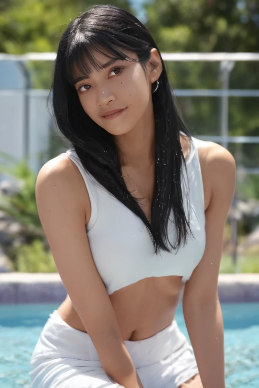 gorgeous woman, 1 girl, white one-piece swimsuit:1.2, skinny, healthy, perfect body:1.2, abs:1.1, dark brown hair:1.1, rain wet, wet body:1.2, night pool room:1.6, ultra-detailed face, detailed lips, detailed eyes, double eyelids, pubic hair, black skin, trimmed bangs, shy smile, (best quality,8k,masterpiece:1.3)